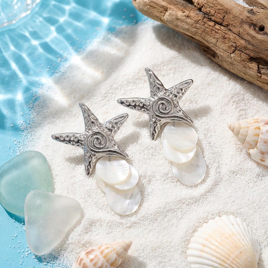 Design Sense Silver Color Metal Starfish Shell Pendant Earrings For Women Beach Vacation Party Aesthetic Jewelry Accessories