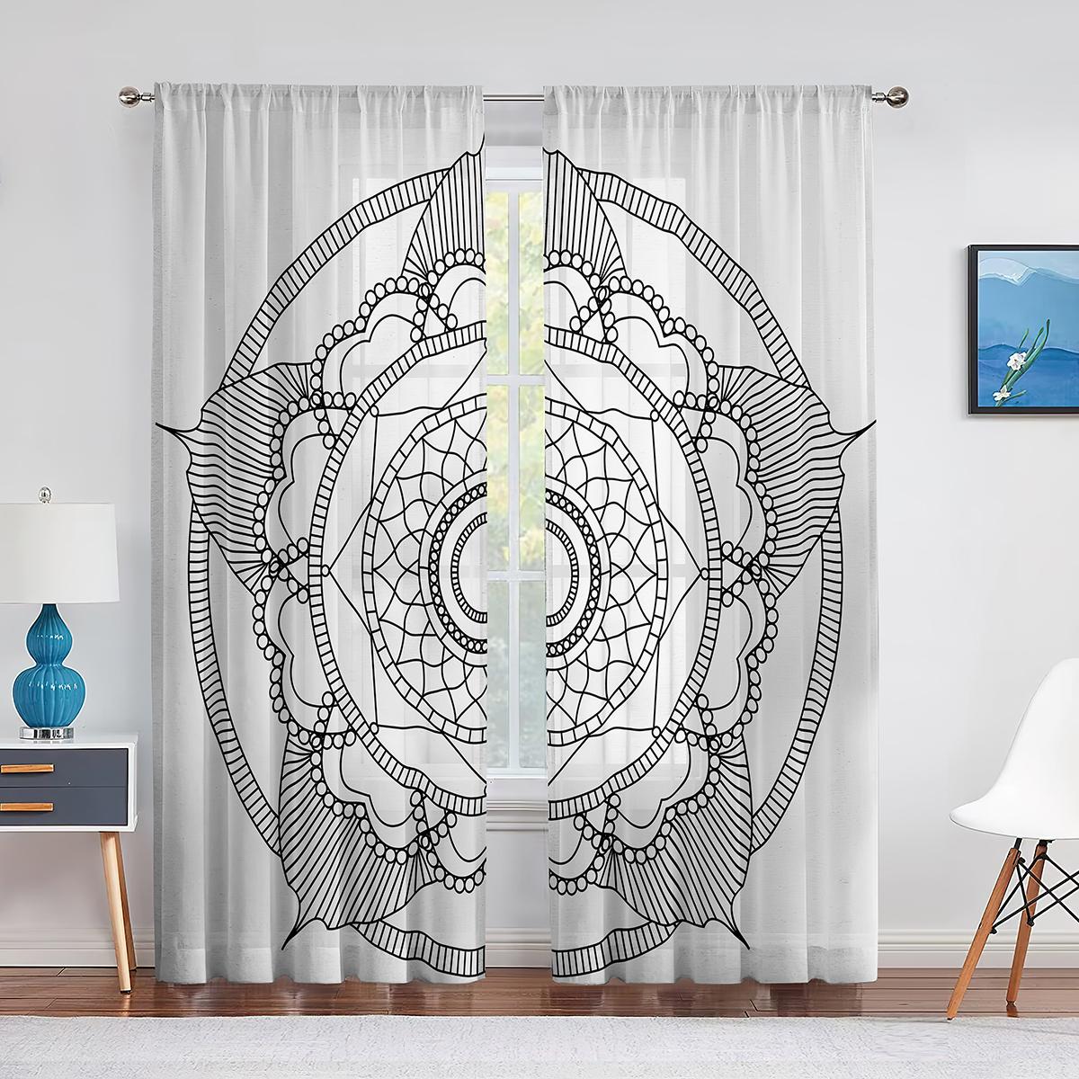 

Черно-белые шторы из тюля с рисунком мандалы в стиле бохо для гостиной, спальни, прозрачная шифоновая вуаль, занавеска для окна 1 PCS W100XH250cm&Grommet Top