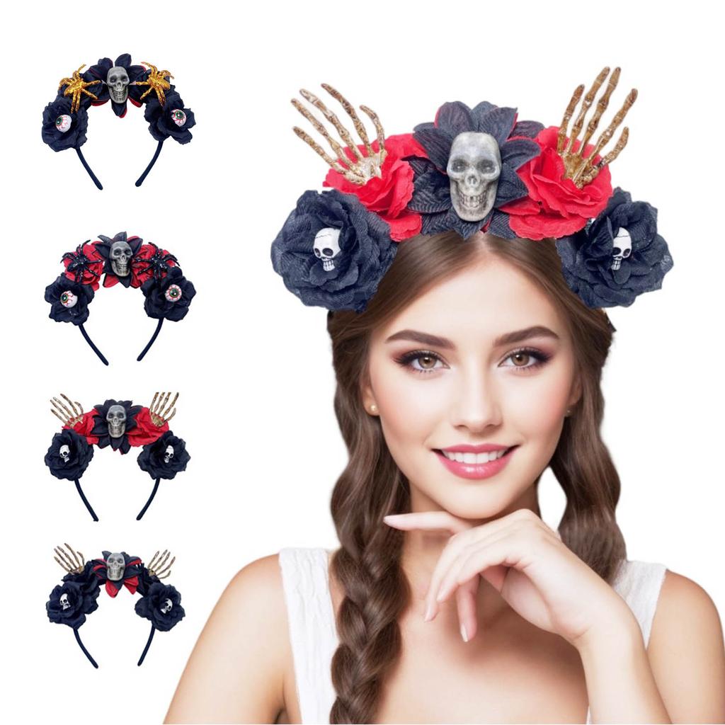 Halloween Theme Headband Day of The Dead Skull Flower Veil Hairband Cosplay Costume Headpiece Women Festival Hair Decors