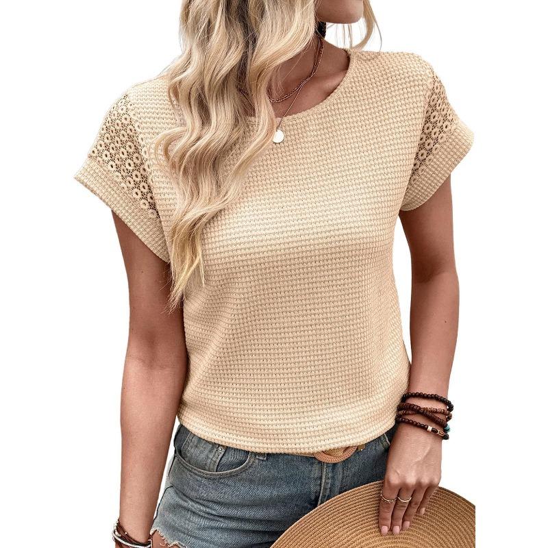 IHUASU Women's Fashion Casual O-Neck Short Sleeve Blouses & Shirts