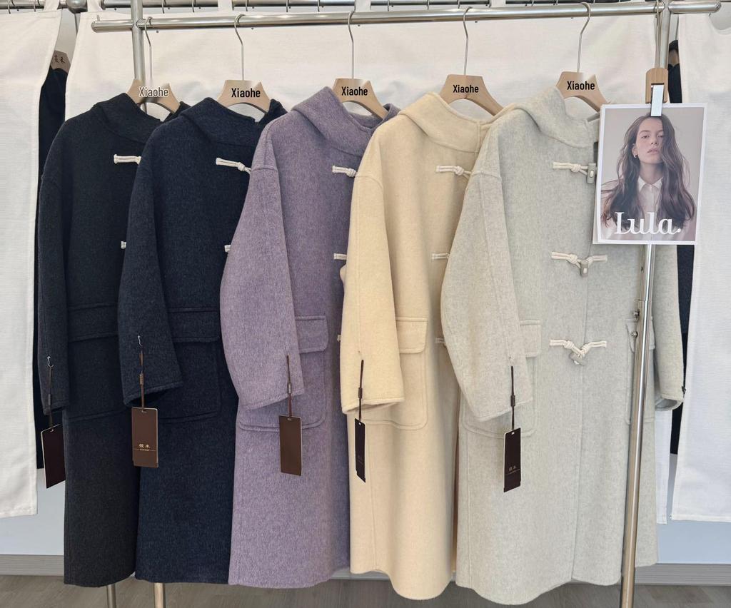 Korean Style Hooded Wool Coat: Women's Mid-Length Double-Faced Cashmere Overcoat with Toggle Buttons for a Slimming Autumn Look