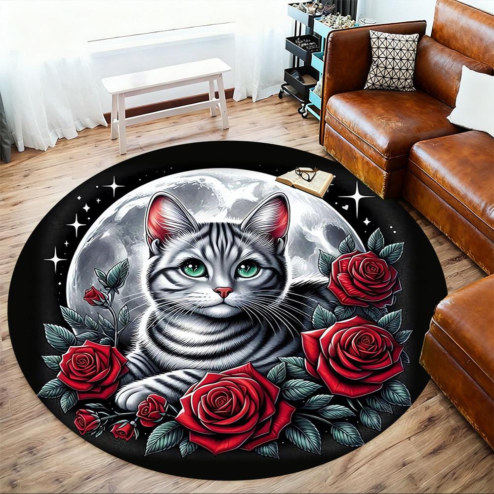 1pc Moonlit Cat Roses Round Chair Mat Area Rug - Non-Slip, Floor Mat for Office, Bedroom, Ideal Home Decor Christmas Gift P0811477