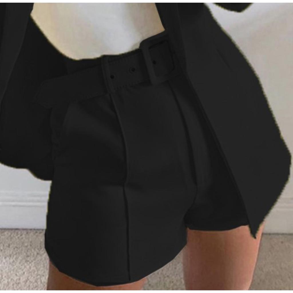 Women's Slim Fit Two Piece Suit Lapel Long Sleeve Blazer High Waist Belted Short Co-ord Outfit Set