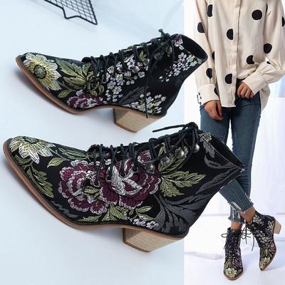Retro Women's Boots Winter Ethnic Pointed Thick Heel Lace-up Embroidered Short Boots Women's Shoes