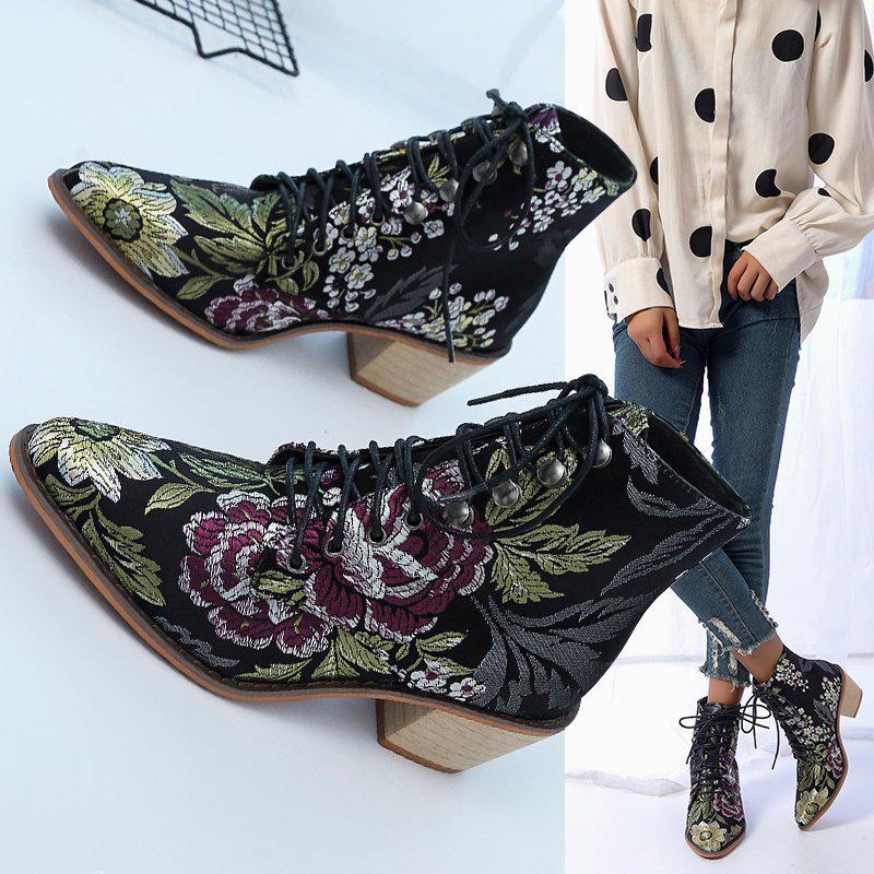 Retro women's boots winter ethnic pointed thick heel lace-up embroidered short boots women's shoes