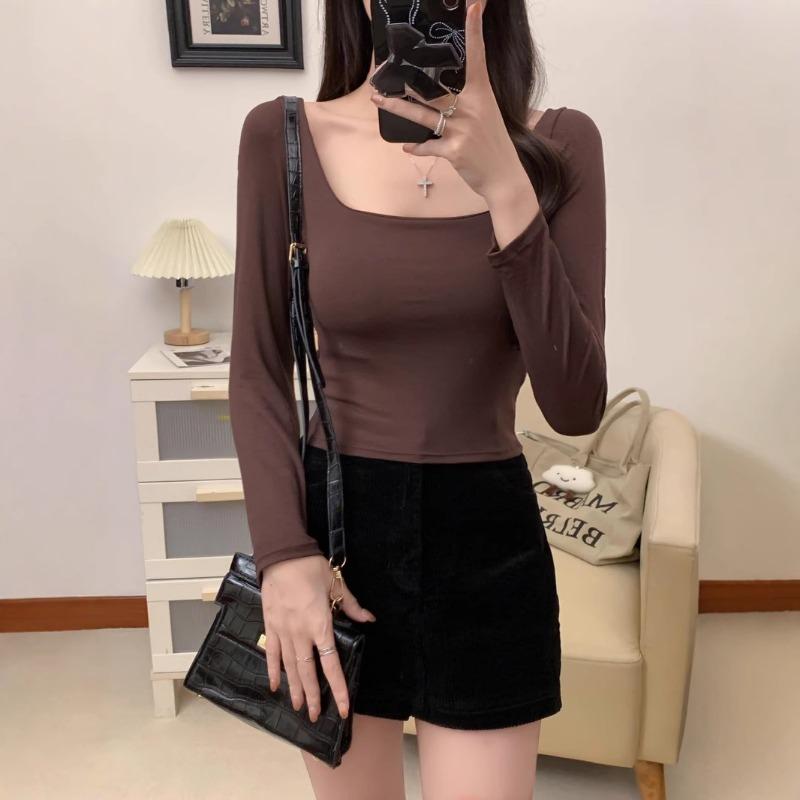 Clavicular-bone Cotton Autumn New Long Sleeve Pure Desire for Simple Style Slimming All Wear Outside Wear Inside Long Sleeve Base Shirt