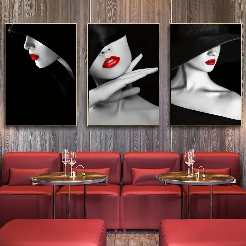 3pcs/set Canvas Poster Red Lips Woman Black and White Art Decoration Painting Modern Wall Art Poster Living Room Decorative