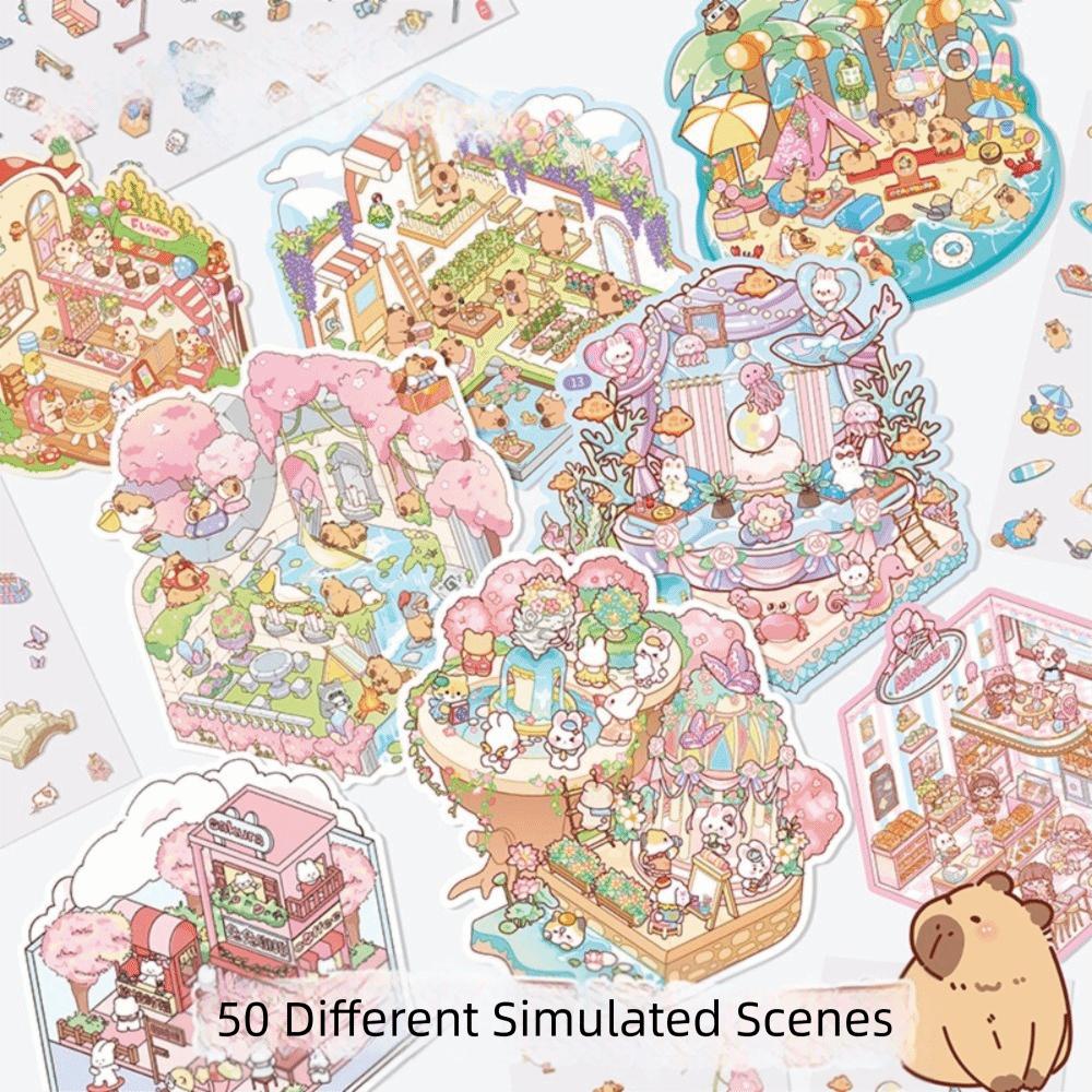 50 in 1 Miniature Scene Landscape Stickers DIY Cartoon 3D House Stickers Scene Collection PET Visual Stacking
