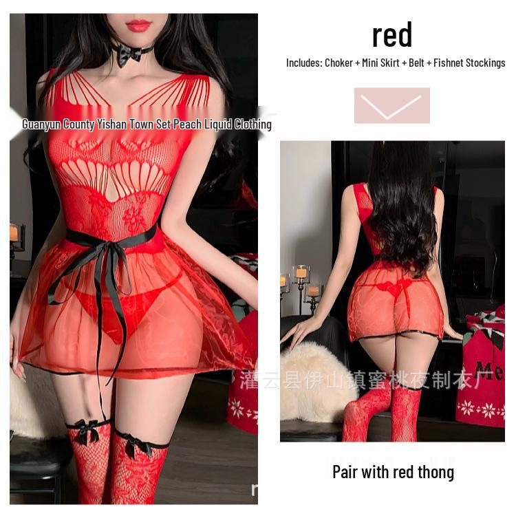 Red Sheer Christmas Lingerie: Sexy Slim-Fit Dress with Fishnet Stockings for New Year's Eve.