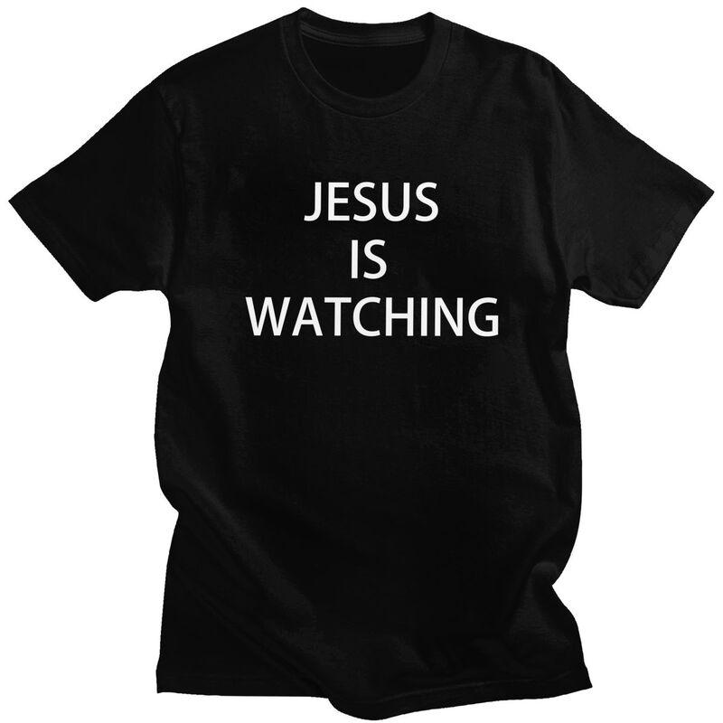 

Custom Jesus Is Watching T Shirts for Men Pure Cotton Tees Tshirt Casual T-shirt Clothing - Men s Summer Cotton Graphic Tee S