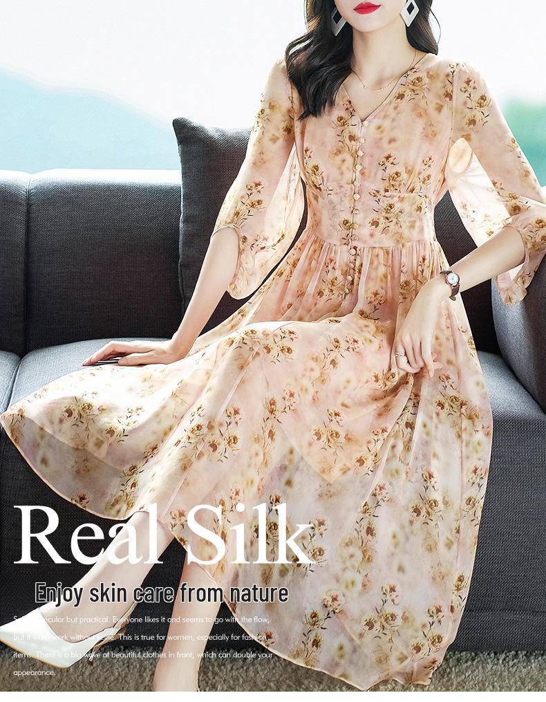 Fairy Pink Floral Short-Sleeve Mulberry Silk Dress - Seaside Holiday Long Skirt