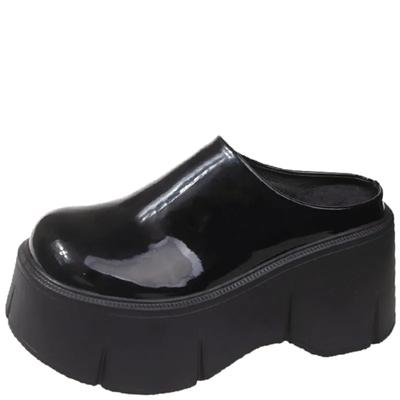 Fashion Autumn and Winter New Waterproof Platform Sponge Cake Thick-soled Slippers for Women Retro Black 8cm Outer Wear Half-slippers