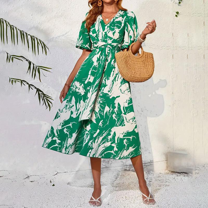 

Летнее элегантное романтическое платье с длинными расклешенными рукавами и v-образным вырезом с рюшами и принтом, длинное платье XL зелёный