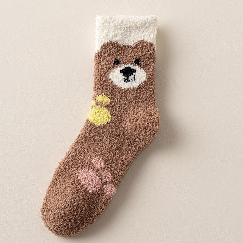 Coral fleece autumn and winter socks women's fleece thickened cartoon bear medium tube socks warm and comfortable home sleeping floor socks