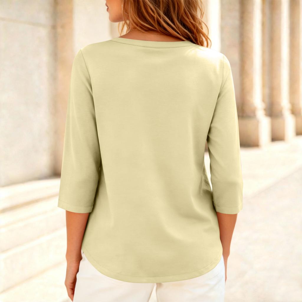 Women's Casual Color V-Neck Three-Quarter Sleeve Button T-Shirt Top