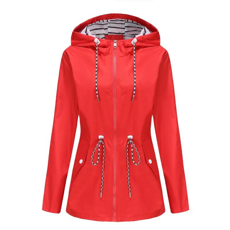 Red Waterproof Hooded Jacket Women Fashion Casual Coat Waist Drawstring Tie Zipper Switch Blue Green Yellow Black Windbreaker