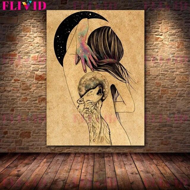 Wolf Woman And And Moon Wicca Vintage Wall Art Canvas Painting Daughters Of The Moon Art Poster And Print Home Decor No Frame