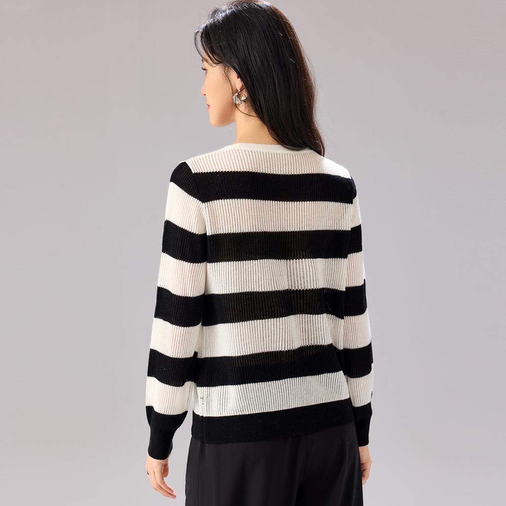 Sheep wool pullover sweater: autumn and winter new striped design for women's wool sweater, fashionable, loose and high-end