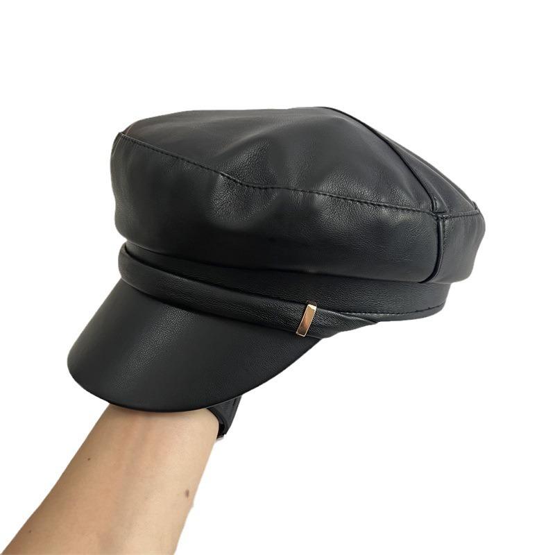 New Retro PU Leather Octagonal Hat Children's Spring and Autumn Literary Temperament Versatile Flat Top Face Small Navy Hat