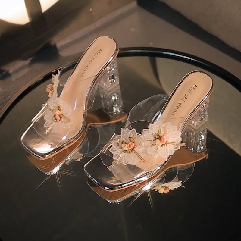 

Summer new transparent fashion high-heeled slippers women s fashion with thick heels, square head large size cool slippers women 41 серебряный