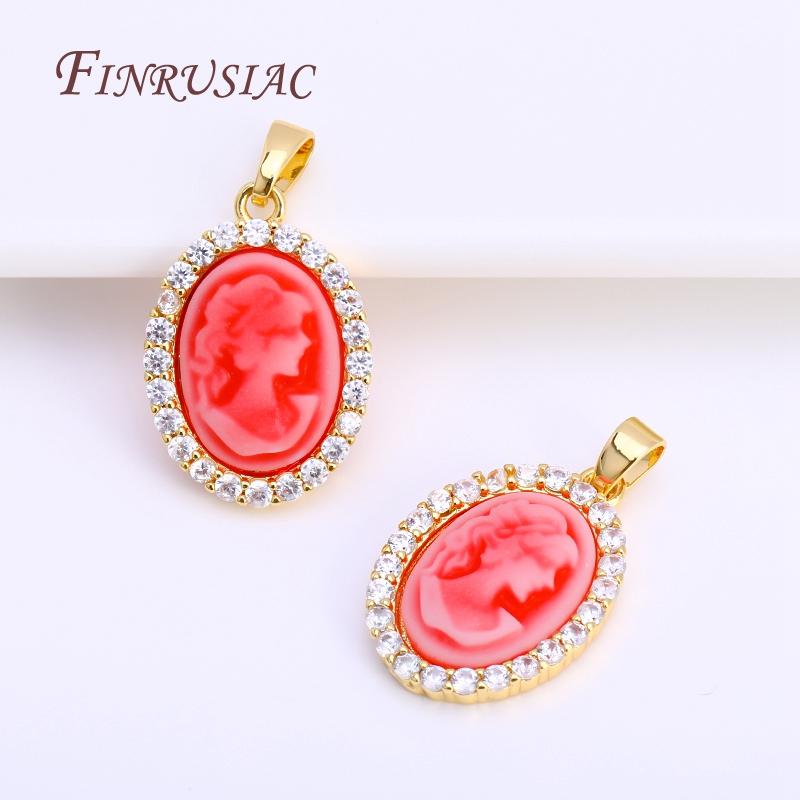 3 Colors Inlaid Zircon Oval Cameo Pendants For Necklace Making,18K Real Gold Plated Connector Charm For DIY Bracelet Material