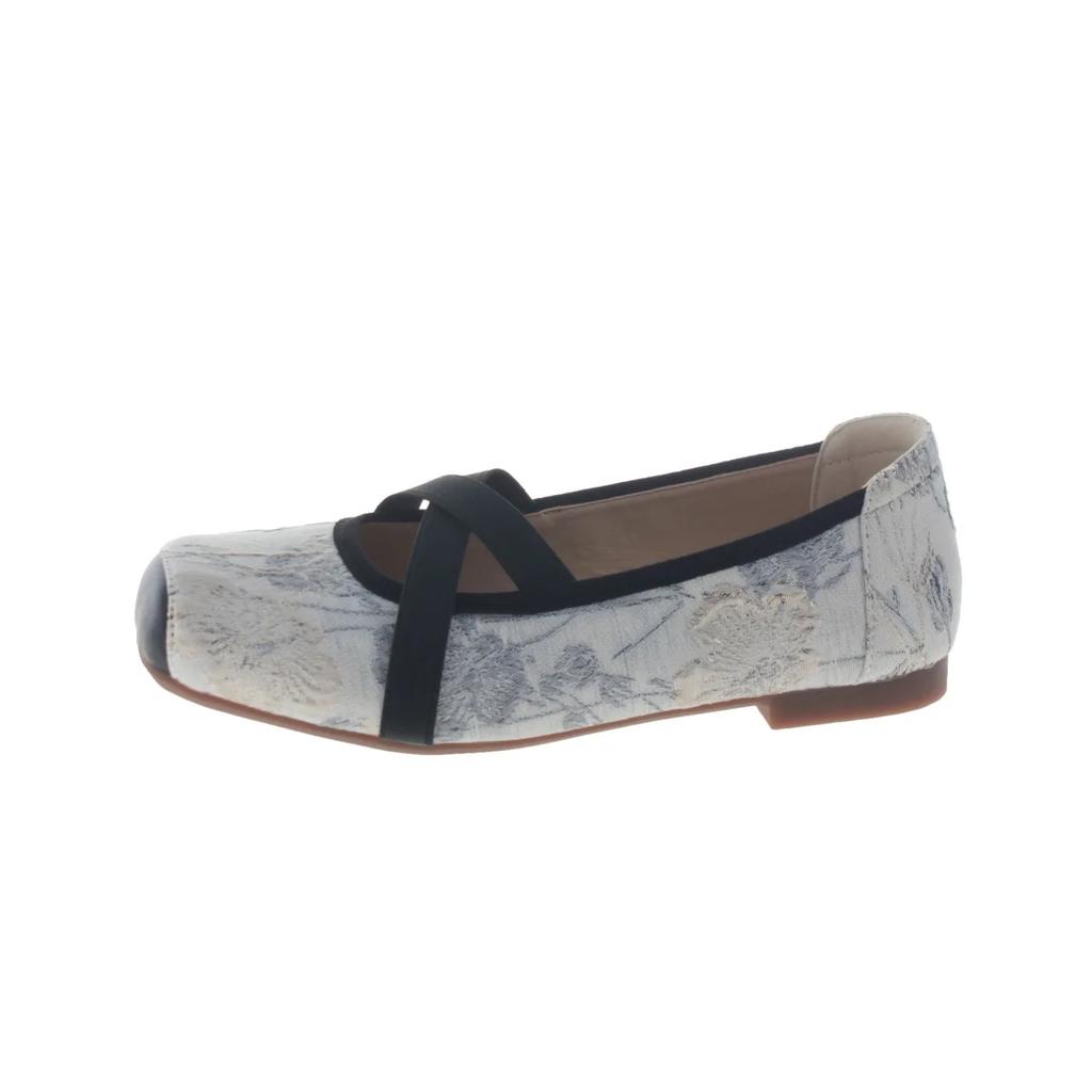 Woman Ballet Flats Female Luxury Retro Classic Square Toe Embroidery Elastic Band Ballerina Flats Ladies Soft Loafers Mary Jane