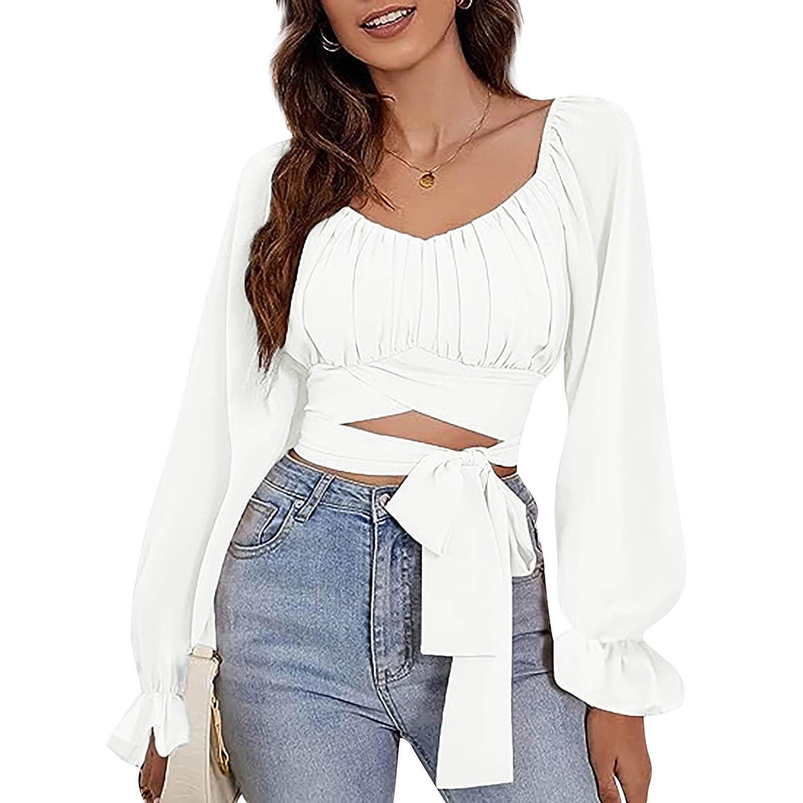 

Женская футболка Повседневные выходные Белая струящаяся туника с длинным рукавом Мода с v-образным вырезом Обычный крой Весна и осень XL белый