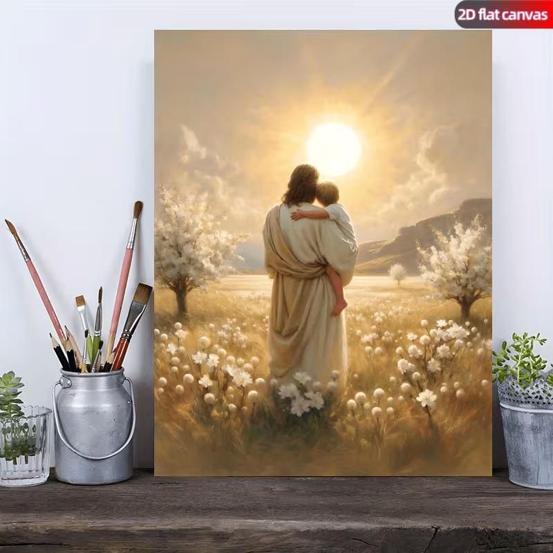 Christian Jesus and Boy Painting Modern Rustic Mormon Art Picture, Religious Wall Decor for Christmas, Christ with Youngsters Jesus Artwork 20x30cm