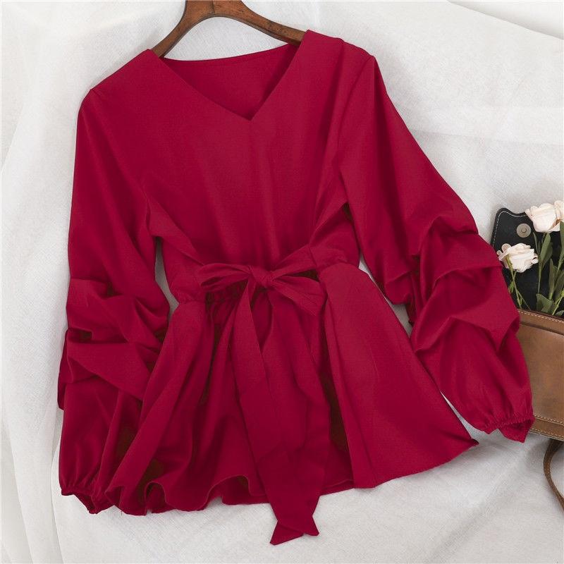 

Корейские милые блузки с v-образным вырезом на шнуровке и бантом, женские элегантные плиссированные рубашки-фонарики с длинными рукавами, шикарные тонкие пуловеры с эластичной резинкой на талии, топы S вино красного