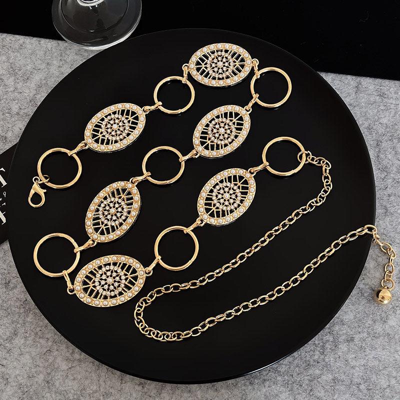 Hanging Rhinestone-plated Pearl Inlaid Metal Waist Chain Bohemian Retro Hollow Engraved Alloy Belt Vacation Match