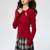 Frühling Herbst Einfarbig Ausgehöhltes Unterteil Damen Langarm Slim Knoten Pullover T-Shirt Temperament Top
