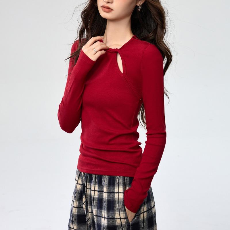 Frühling Herbst Einfarbig Ausgehöhltes Unterteil Damen Langarm Slim Knoten Pullover T-Shirt Temperament Top