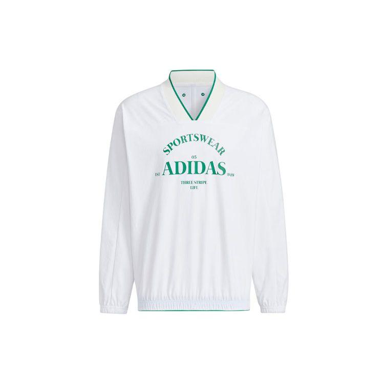 Adidas Verbiage Mixed Print V-Neck Woven Pullover, Men Casual Comfort Long Sleeve White Sweatshirt JE3669 XL
