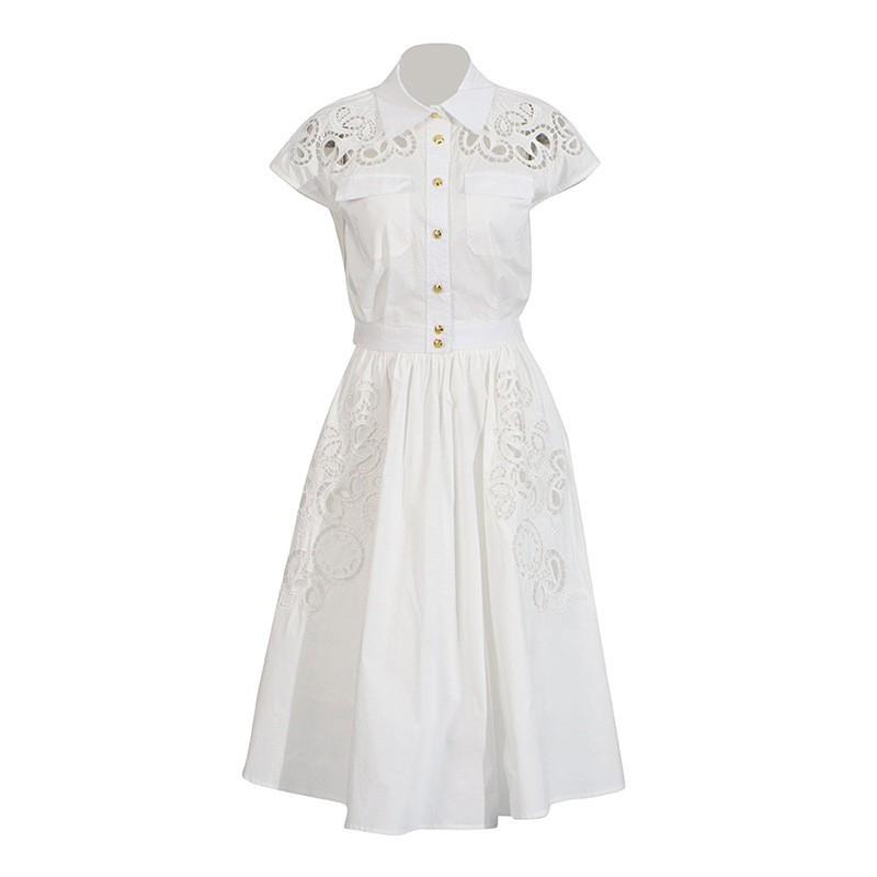 French Retro Women's Clothing Suit Lapel Short-sleeved Single-breasted Top Embroidered Hollow Skirt Women