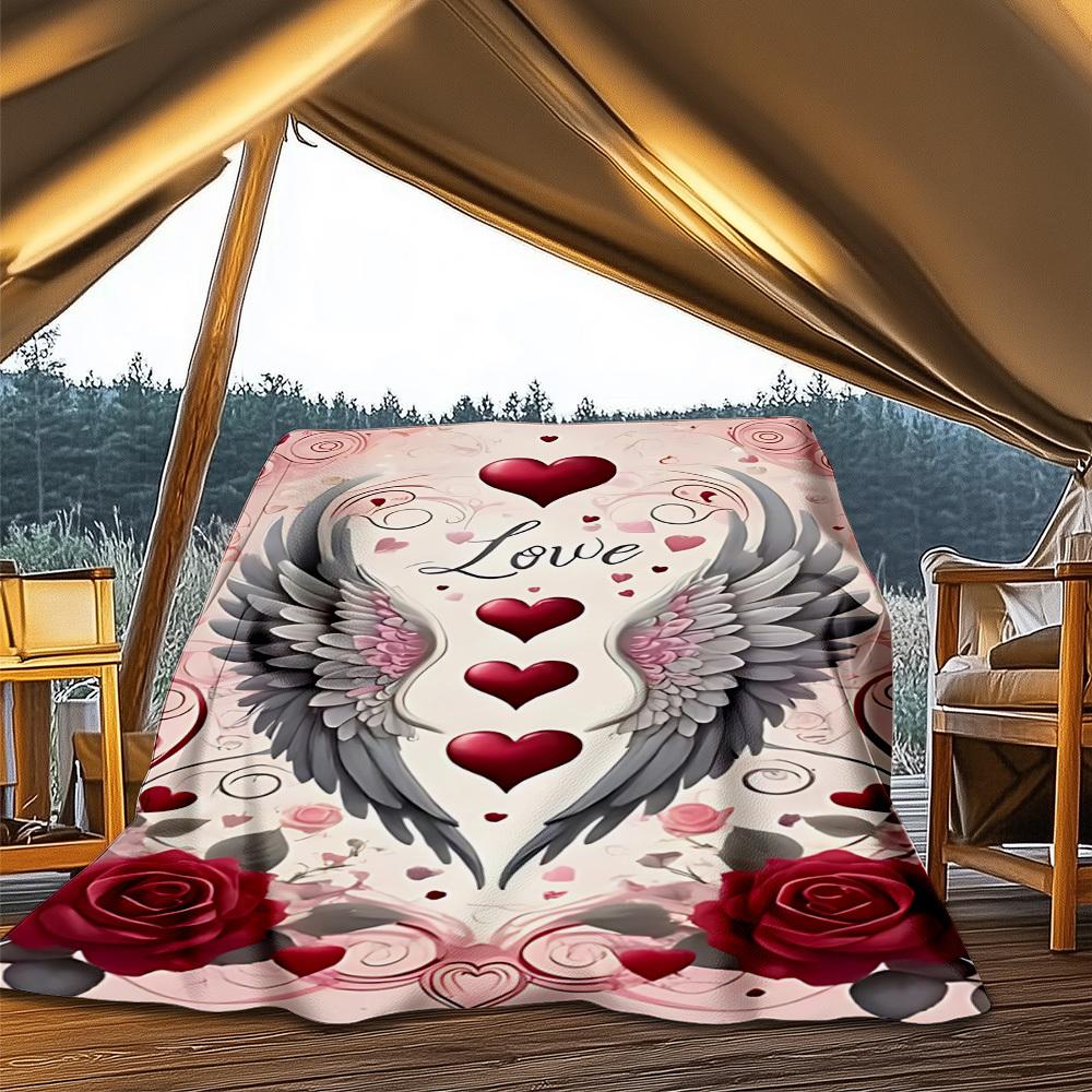 1pc Love Hearts Wings Roses Outdoor Flannel Blanket Soft All Season Polyester Throw , Perfect for Picnics & Travel , Picnic Accessory