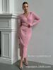 Women's V-Neck Knit Dress with Metal Buttons and Waist Belt, Side Slit, Casual Elegant Long Sleeve Sweater Dress