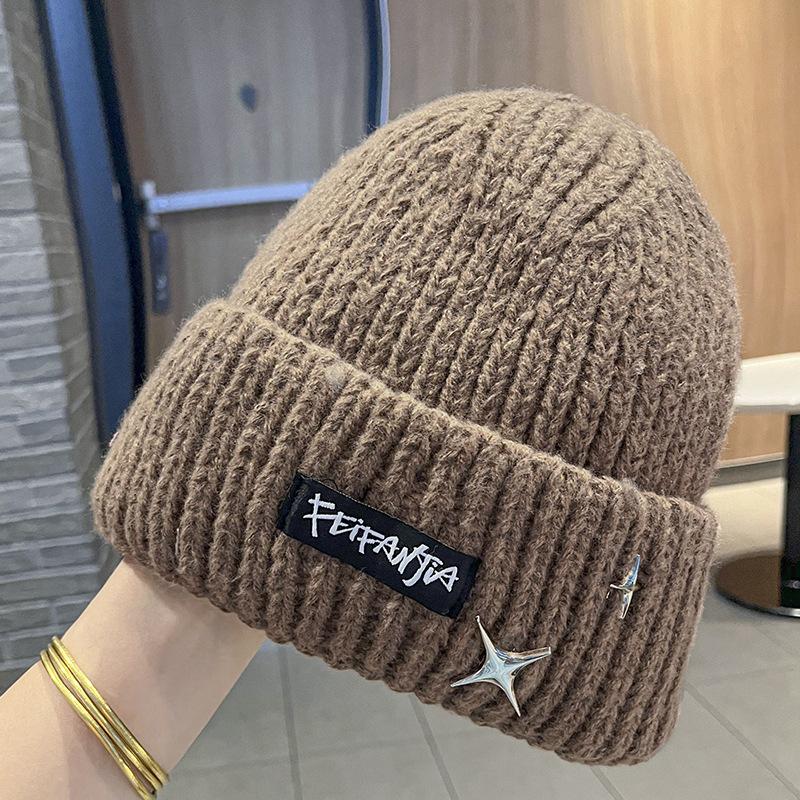 Letter knitted hat women's autumn and winter versatile big head circumference warm ear protection wool hat showing face small hat thickened