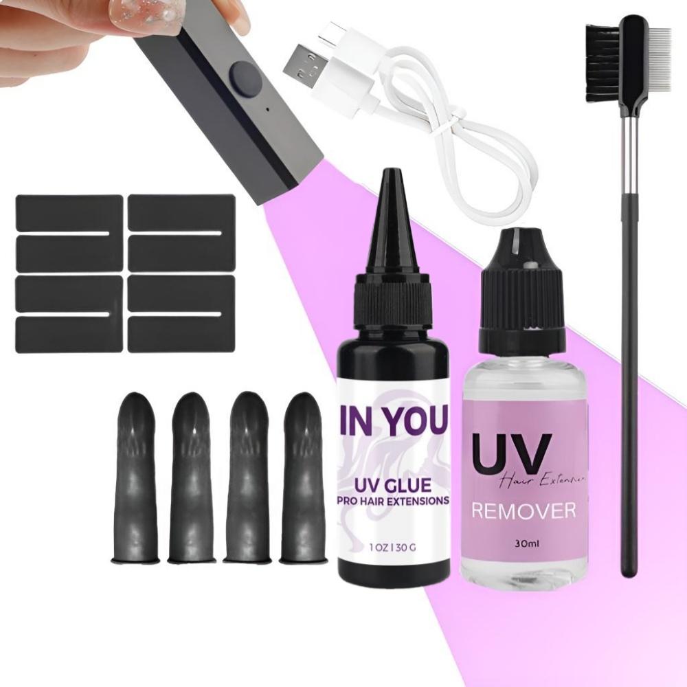 

Salon Pro UV Hair Extension Kit with Fast-Curing Lamp & Waterproof Glue | Seamless Long-Lasting Extensions, Comb & Remover Set for Home & Salon Use A set