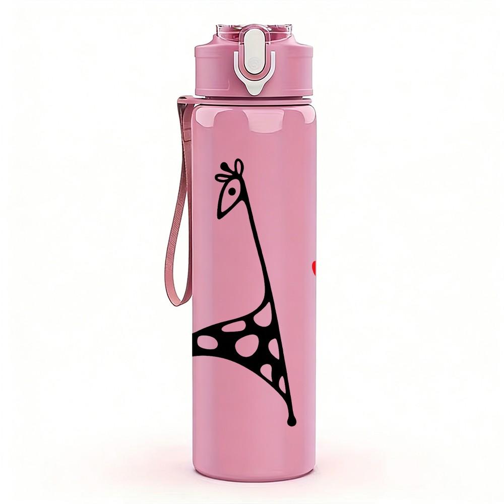 1PC Giraffe Love Heart Line Drawing 750ml Color Plastic Sports Water Bottle Leakproof Flip Straw Lid Suitable for Sports Office Home Use