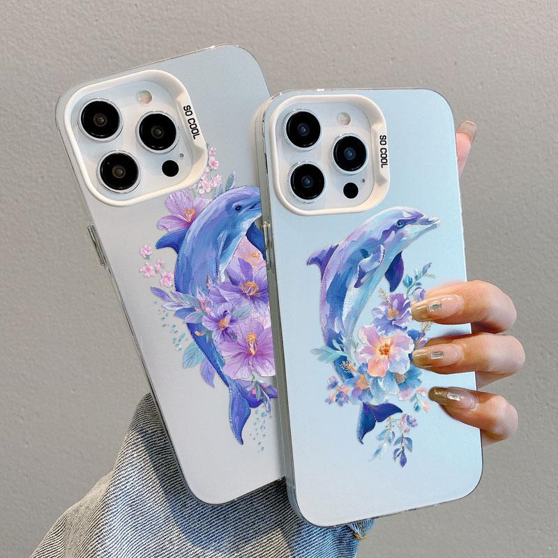 Ins Cute Animal Dolphin Flower Laser Phone Case for IPhone 17 16 Pro Max 14 15 Pro Max Plus 13 Mini 12 11 Pro Max Cartoon Shells