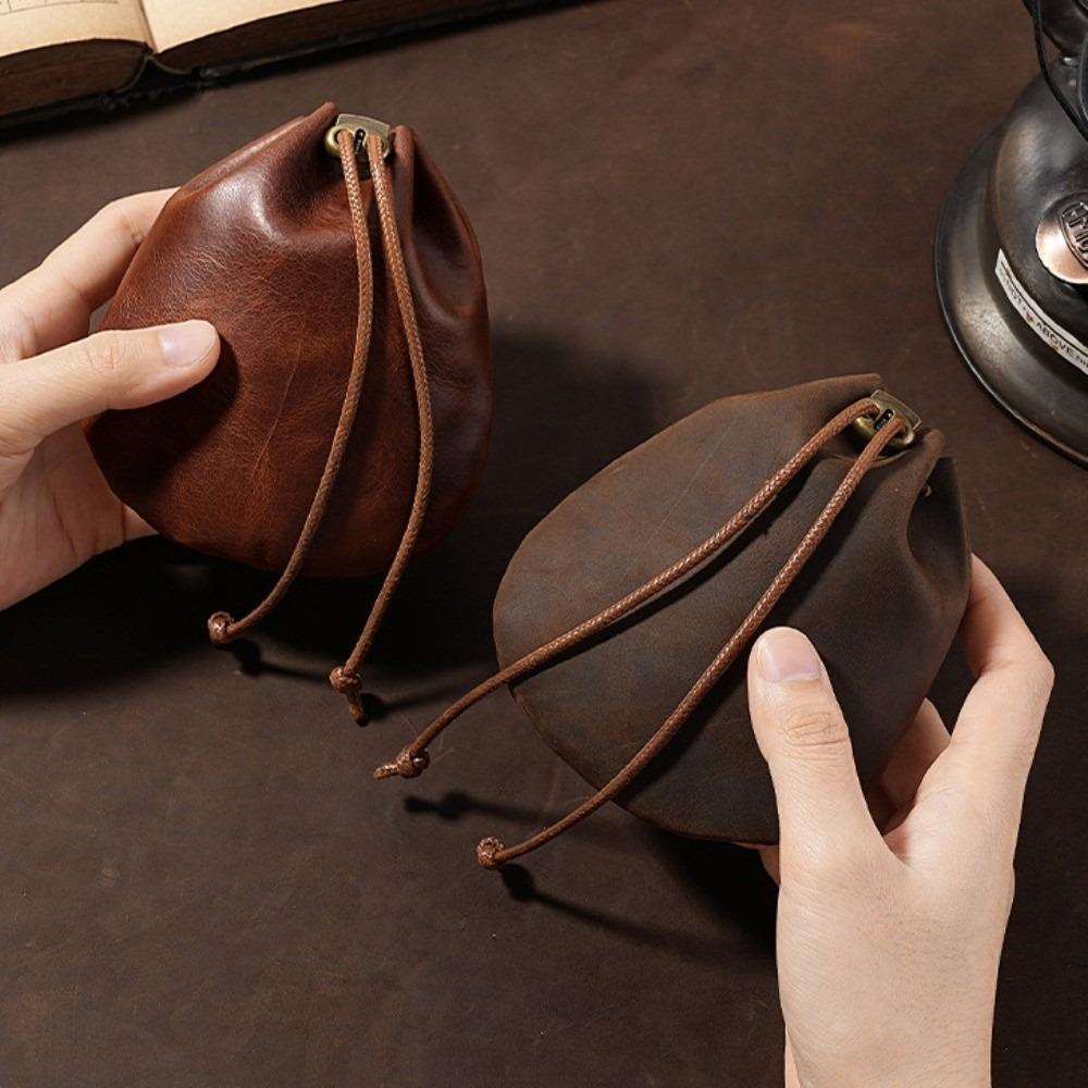 Sacchetto Portatile in Pelle con Coulisse Stile Nordico Retrò Portamonete Borsa in Vera Pelle per Conservare Gioielli Contanti Portagioielli Monete