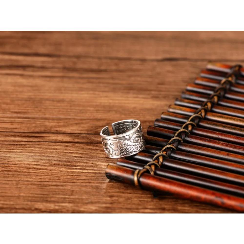 1PC Ethnic Style Silver Color Ring Retro Koi Fish Heart Sutra Opening Men\'s and Women\'s Rings Lucky Rings Casual Party Rings