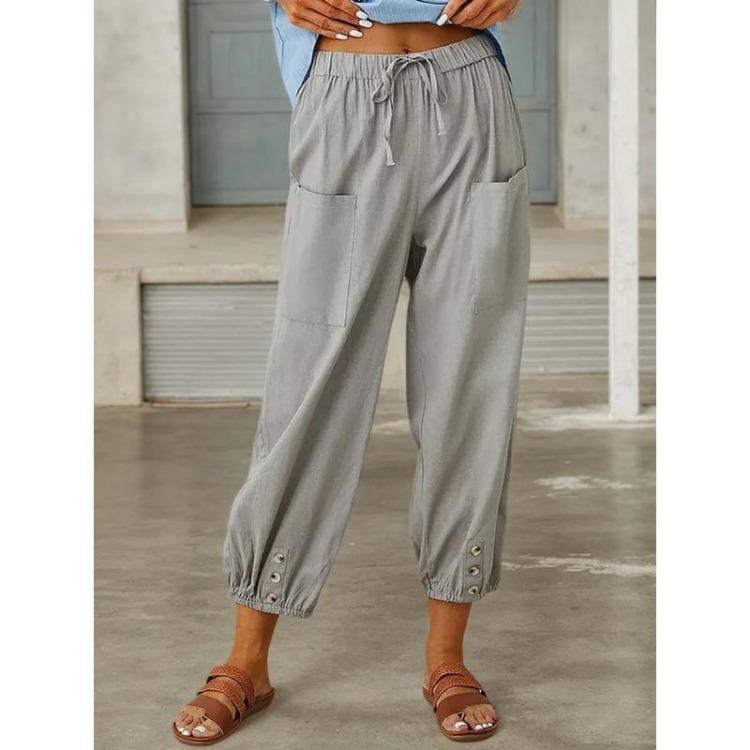 Autumn Women Cotton Linen Elastic Waist High Waist Wide Leg Loose Straight Trousers Solid Color Female Pants