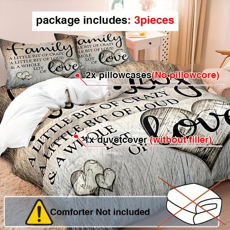 3PCS Family Letter Duvet Cover Stylish and Fun Family Letter Pattern Printed Beding Sets Queen King Size For Bedroom Decor