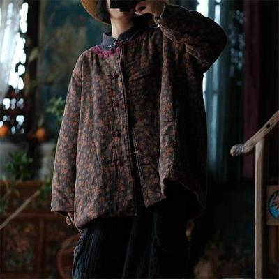 Frauen Vintage Print Floral Parkas Oansatz Langarm Taste Plus Baumwolle Weiche Mantel Winter Chinesischen Stil Parkas