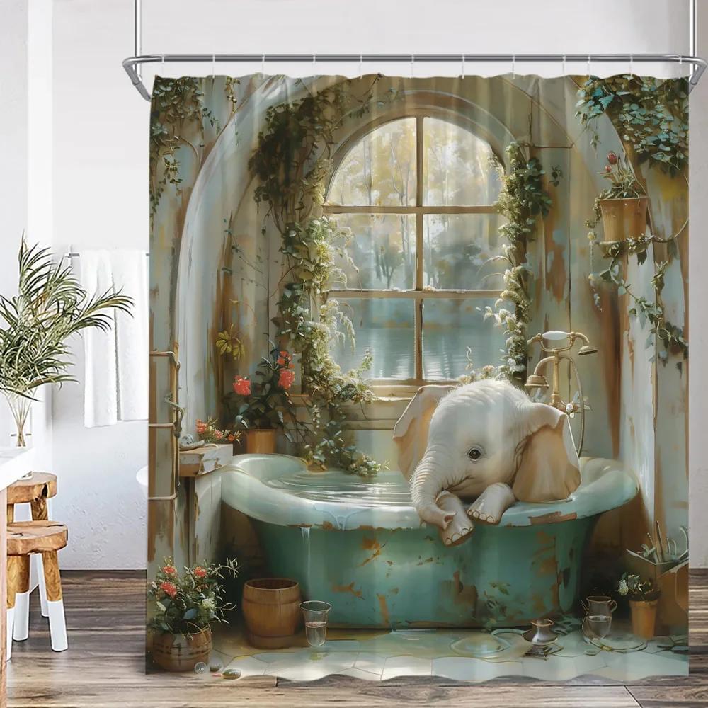 Roliga badande djur Duschdraperier Get Höglandsko Elefant Hund Gris Badrumsdekorationer Bad Djur Badkarsdraperi