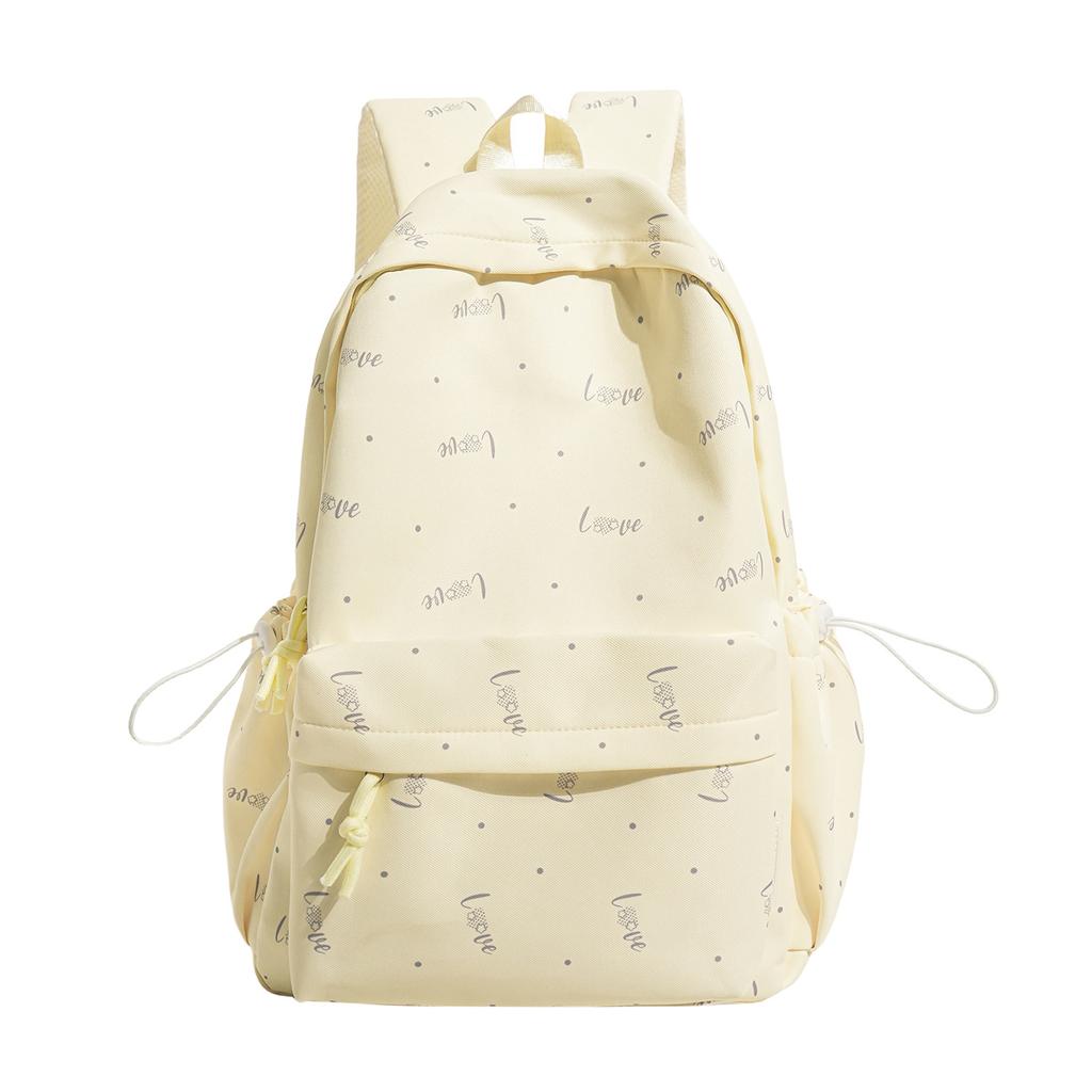 Cream Allover Love Print School Backpack with Front Pocket Side Drawstrings Casual Daypack for Girls