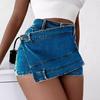 Women's High Waist Asymmetrical Overlap Denim Mini Skirt Light Blue