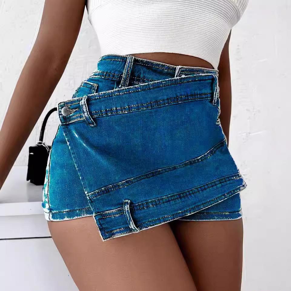 Women's High Waist Asymmetrical Overlap Denim Mini Skirt Light Blue