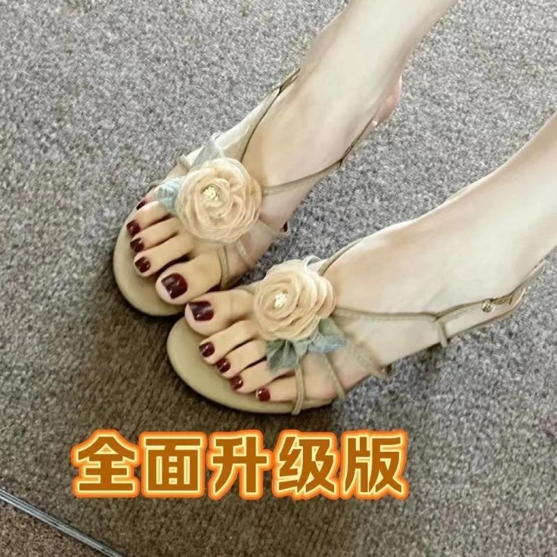 2025 New Fashion Ankle Strap  Heeled  Shoes Female Round Toe Footwear Flower Ladies Thin Heels Sandals
